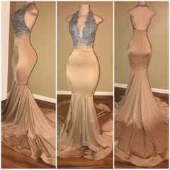 Luxurious Halter Sleeveless Lace Applique Mermaid Prom Dresses