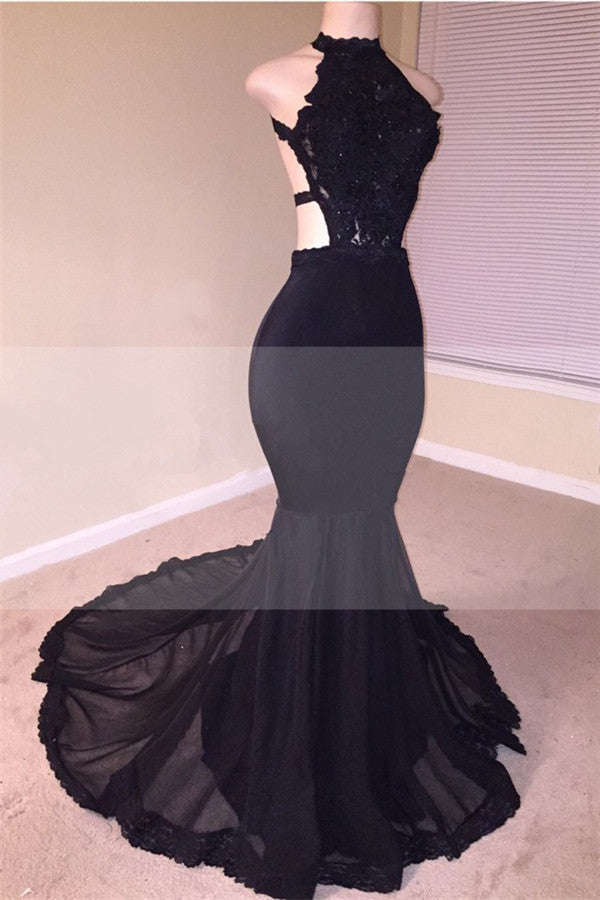 Chic Black Open Back Lace Prom Dresses Sleeveless See Through Tulle Evening Gown