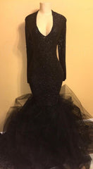 Chic black sequins prom dress, ruffles evening dress