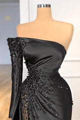 Glamorous Black Long Sleeve One Shoulder Prom Dress Beadings Evening Gowns