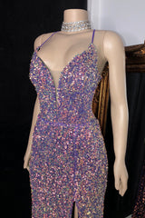 Glittering Spaghetti-Straps Sequins Prom Dress Mermaid Sleeveless With Slit