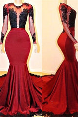 Long Sleevess Mermaid Appliques Sheer Prom Dresses