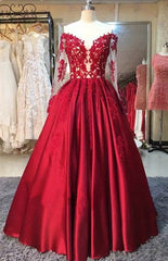 New Arrival Red Prom Dresses Off-the-Shoulder Lace Appliques Long Sleevess Puffy Evening Gowns