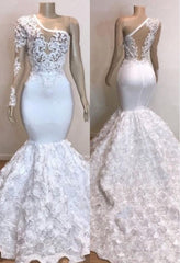 One Shoulder Lace Appliques Meramid Prom Dresses with sleeve