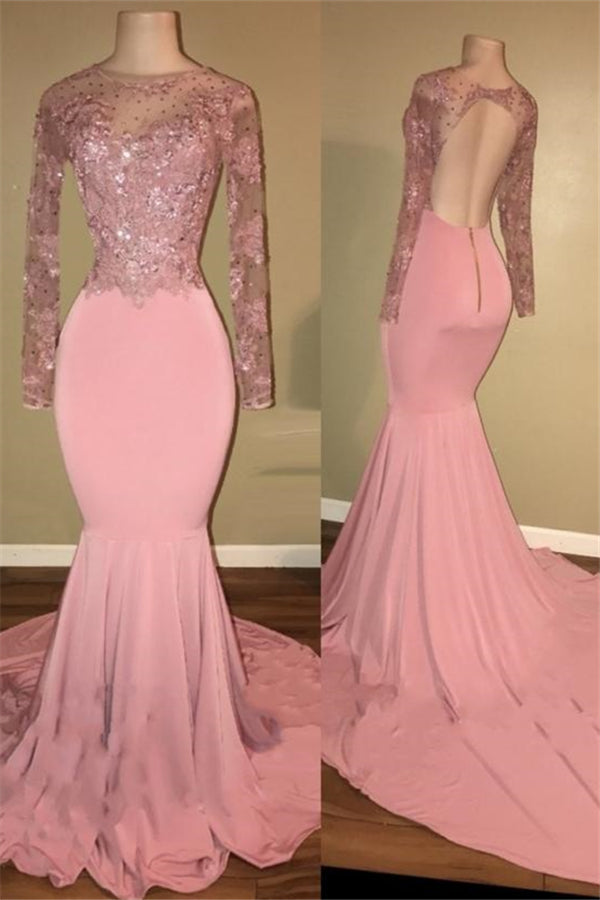 Pink Long-Sleeves Backless Beaded Mermaid Charming Prom Dresses