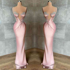 Pink Spaghetti-Straps Mermaid Prom Dress Sleeveless With Appliques