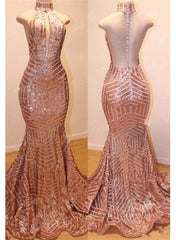 Shiny High Neck Sleeveless Sequins Mermaid Prom Dresses