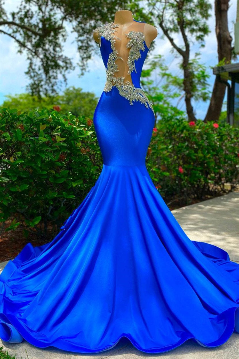 V-neck Mermaid Appliques Lace Sequined Open Back One Shoulder Floor-length Sleeveless Prom Dress