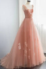 Pink Tulle Long Prom Dresses, Cute A-Line Graduation Dress