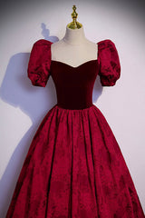 Burgundy Velvet Long A-Line Prom Dress, Short Sleeve Evening Dress