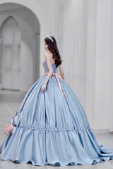 Blue Satin A-Line Princess Dress, Blue A-Line Evening Gown with Bow