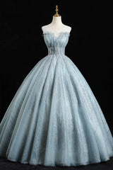 Blue Tulle Sequins Long Prom Dresses, A-Line Evening Dresses