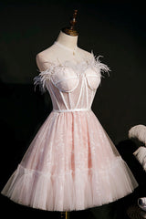 Pink Strapless Lace Short Prom Dress, A-Line Party Dress with Feather