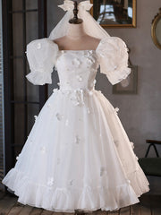 White Tulle Short A-Line Prom Dress, Cute Puff Sleeve Party Dress