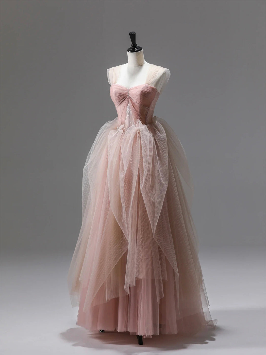 Pink Tulle Lace Long Prom Dress, Beautiful A-Line Evening Party Dress