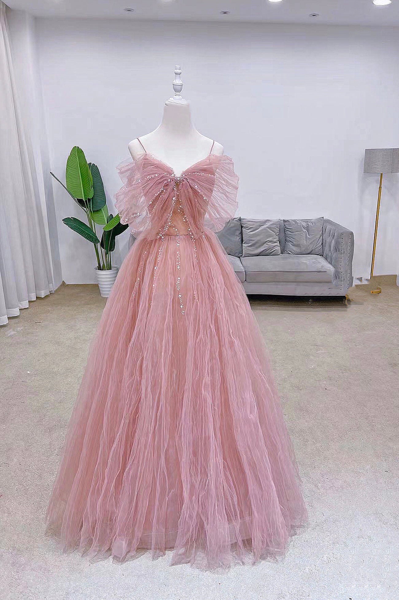 Pink Tulle Sequins Long Prom Dress, Cute A-Line Evening Dress