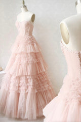 Pink Tulle Lace Long Prom Dresses, A-Line Strapless Evening Dresses