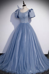 Blue Tulle Beading Long Prom Dresses, A-Line Short Sleeve Evening Dresses