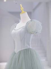 Green Tulle Floor Length Prom Dress, Green Short Sleeve Evening Party Dress