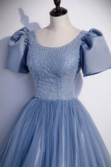 Blue Tulle Beading Long Prom Dresses, A-Line Short Sleeve Evening Dresses