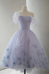 Purple Tulle Short Prom Dress, A-Line Off the Shoulder Party Dress