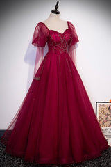 Burgundy Tulle Beading Long Prom Dresses, A-Line Formal Evening Dresses