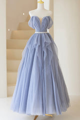 Blue Off Shoulder Tulle Long Formal Dress, A-Line Blue Evening Dress