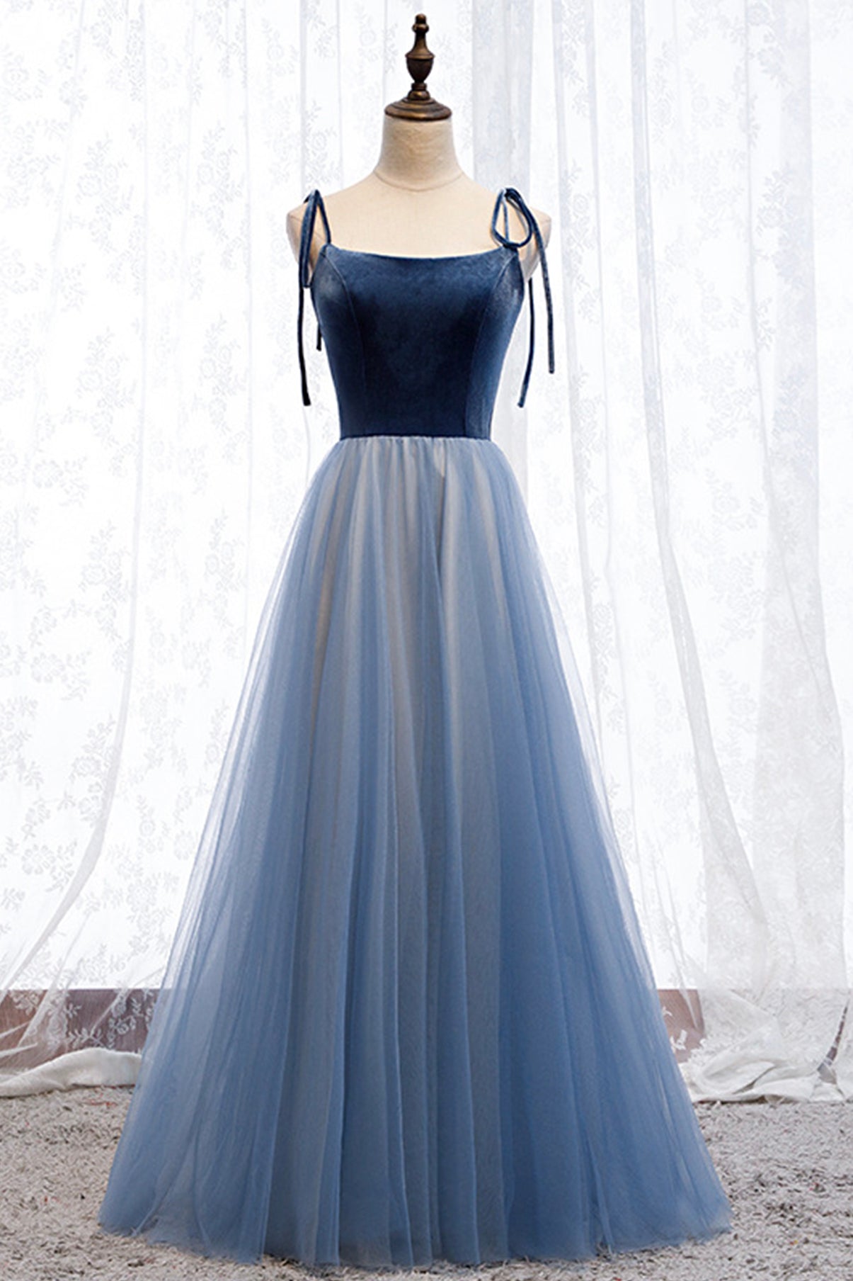 Blue Velvet Tulle Long Prom Dresses, A-Line Evening Dresses