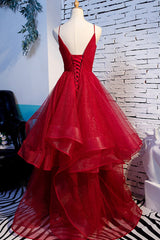 Red V-Neck Tulle Long Prom Dress, A-Line Evening Dress