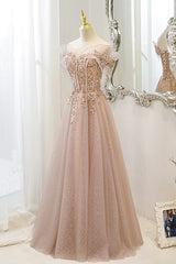 Pink Tulle Sequins Long Prom Dresses, A-Line Off the Shoulder Evening Dresses