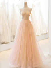 Cute Tulle Long Prom Dress, A-Line Strapless Evening Dress