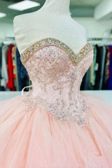 Pink Lace Beaded Long A-Line Ball Gown, Sweet 16 Dress