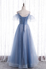 Blue Tulle Long A-Line Prom Dresses, Blue Spaghetti Strap Evening Dresses