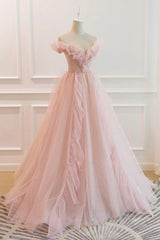 Pink Tulle Long Prom Dresses, A-Line Graduation Dresses