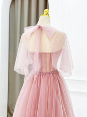 Pink Tulle Long Prom Dress with Beaded, Lovely A-Line Evening Dress