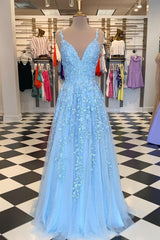 Sky Blue V Neck Lace Appliques Tulle Long Formal Dress