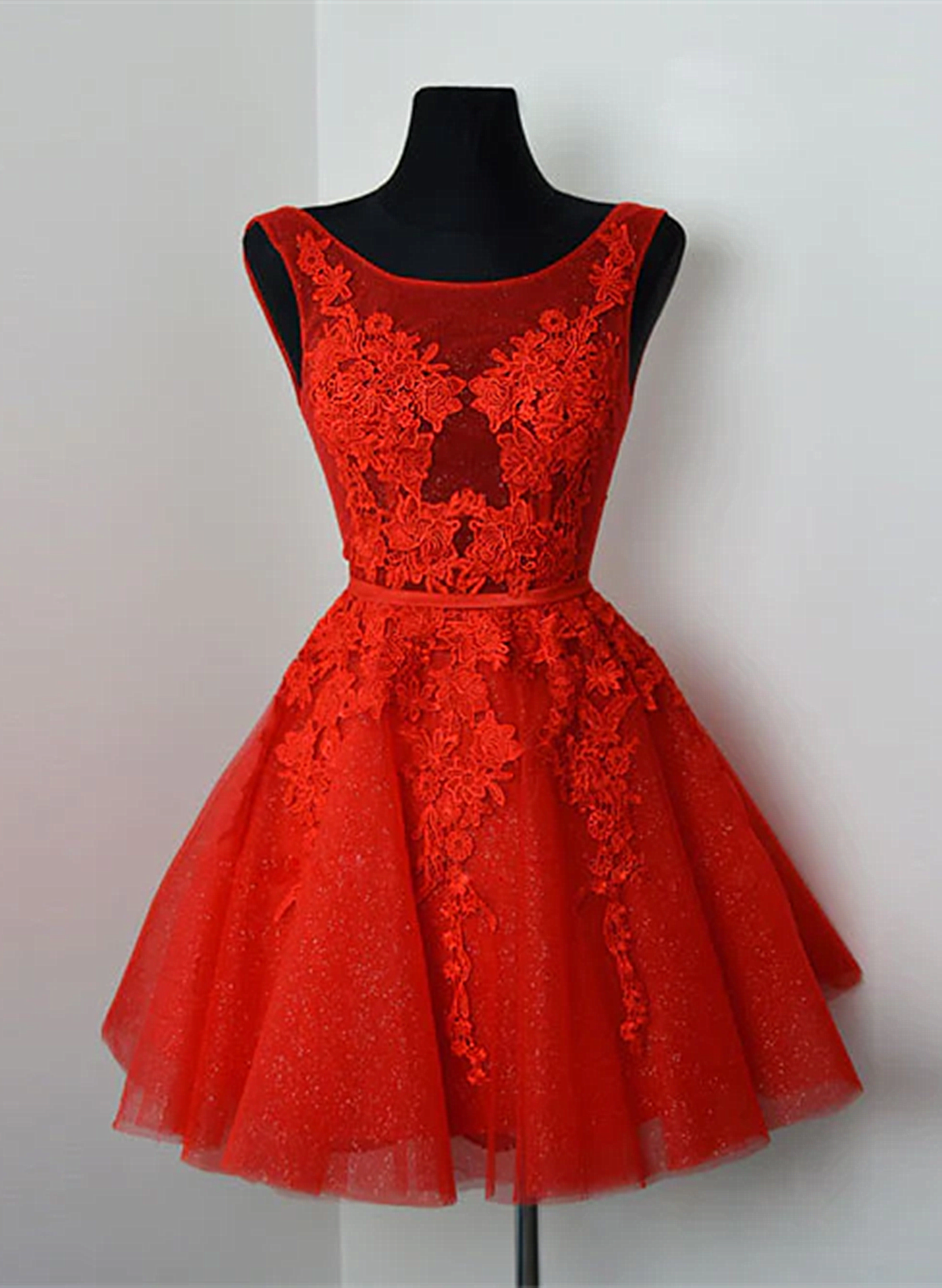 Red Lace Round Neckline Short Party Dress, Red Short Homecoming Dress