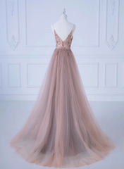 Pink V-Neckline Beaded Straps Long Party Dress, A-Line Pink Tulle Floor Length Prom Dress