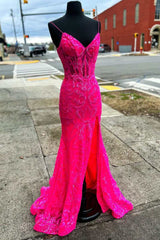 Neon Pink Floral Lace V-Neck Mermaid Long Formal Dress with Slit