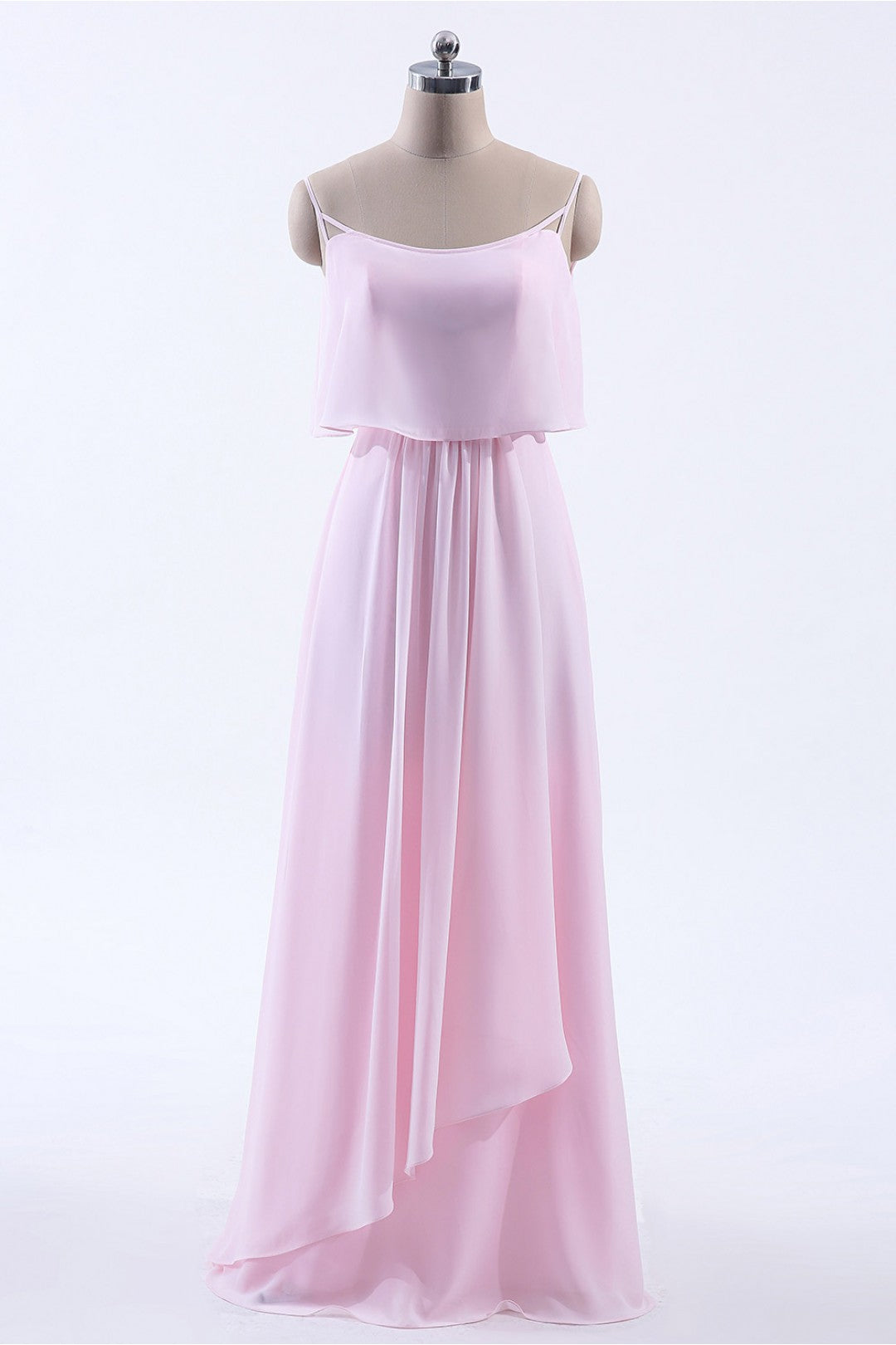 Pink Flounce Chiffon Straps A-line Long Bridesmaid Dress