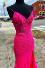 Neon Pink Floral Lace V-Neck Mermaid Long Formal Dress with Slit