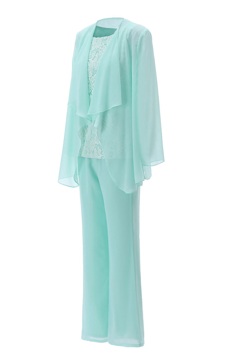 Aqua Three-Piece Chiffon Mother of the Bride Pant Suits