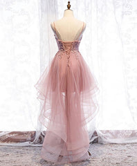 Pink Tulle Lace High Low Prom Dress, Pink Homecoming Dress, 1