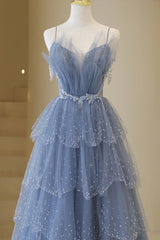 Blue Tulle Layers Straps Beaded Long Prom Dress, Blue A-Line Evening Dress