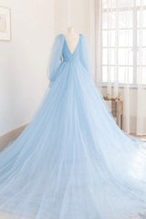 Blue V-Neck Tulle Long Prom Dress, Long Sleeve A-Line Evening Party Dress