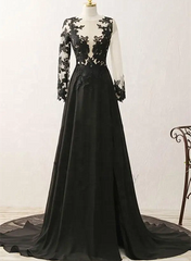 Black Long Sleeves Chiffon With Lace Evening Dress, Black A-Line Party Dress With Leg Slit