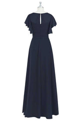 Black Chiffon Twist-Front Ruffled Long Bridesmaid Dress