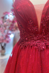 Red Plunging V Neck Double Straps Beaded Appliques Pleated Long Prom Dress