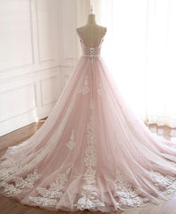 Pink Sweetheart Lace Tulle Long Prom Dress, Lace Pink Evening Dress