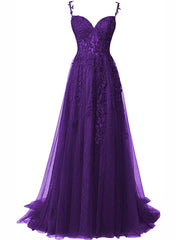 Purple A-Line Tulle Off Shoulder Long Prom Dress With Lace, Purple Evening Dress Party Dress